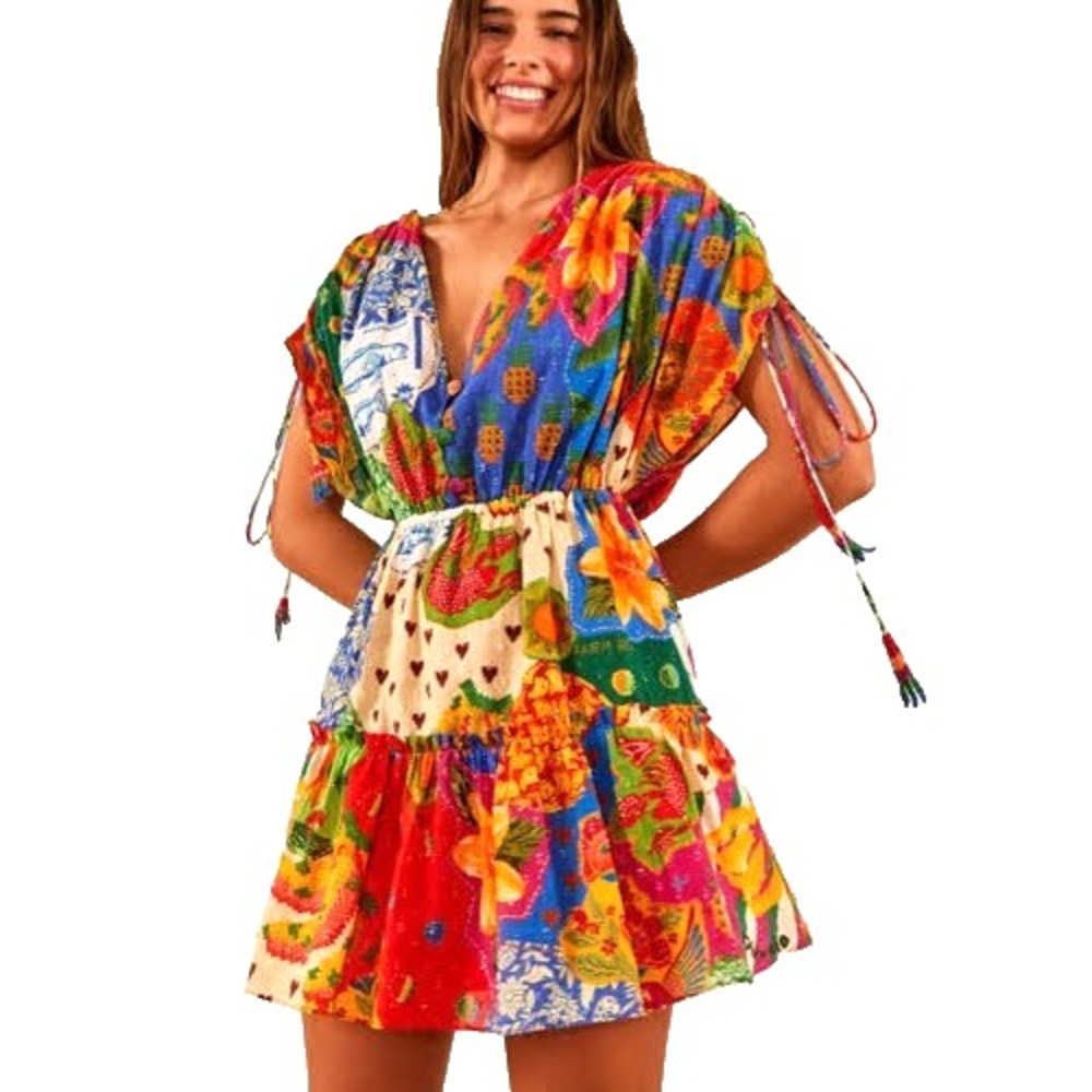 Farm Rio Sunny Mix Mini Dress Size M Vibrant Colorful Patchwork Carioca Beach